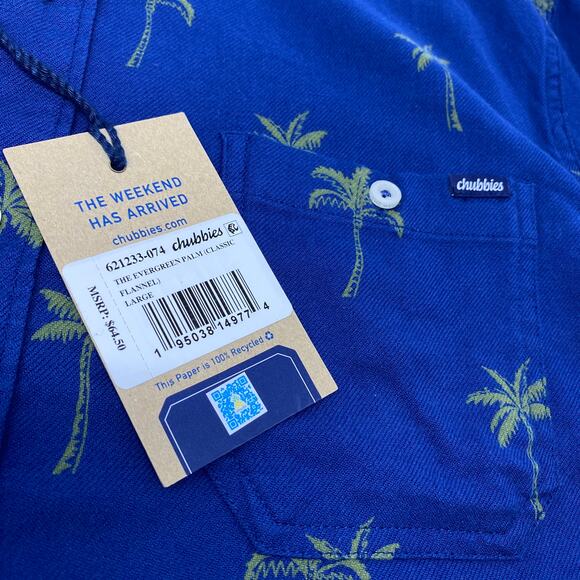 Chubbies Large Blue Palm Tree Pattern Long Sleeve Button Up Flannel Shirt NWT - Picture 3 of 7